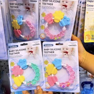Colorful silicone baby teether with rattles( 3 months+)
