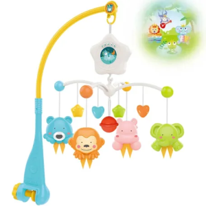 musical baby crib mobile with hanging animal toys and a night light projector