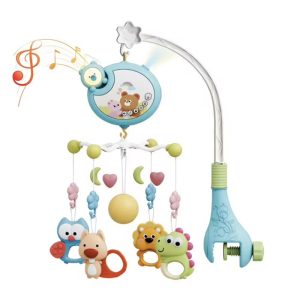 musical baby crib mobile with hanging animal toys and a night light projector