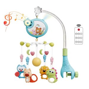 musical baby crib mobile with hanging animal toys and a night light projector