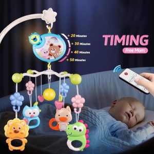 musical baby crib mobile with hanging animal toys and a night light projector