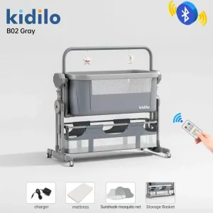 Kidilo 4 in 1 electric bedside Cosleeper/Swing Baby Cradle Bed With A Mosquito Net and overhead toys, remote control and music lullabies