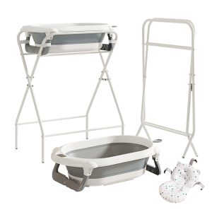 Baby bath station with foldable baby basin+ bath support cushion