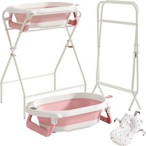 Baby bath stand with a foldable baby basin+ bath support cushion