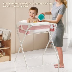 Baby bath stand with a foldable baby basin+ bath support cushion