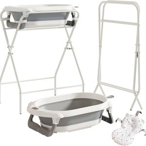 Baby bath stand with a foldable baby basin+ bath support cushion