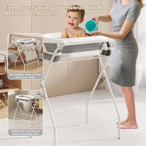 Baby bath stand with a foldable baby basin+ bath support cushion