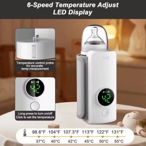 Rechargeable Baby Bottle Warmer Portable, 6 Temperature Setting Warmer with LED Display, Temperature Adjustable, Portable Bottle Warmer for Travel