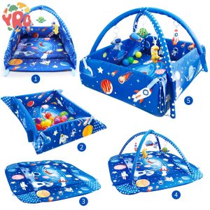 5 in 1 Educational activity Baby playmat gym and ball pit with hanging stuffed toys