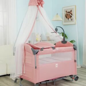 Pink baby playpen with changing table, stand net, rocking mode and musical toys