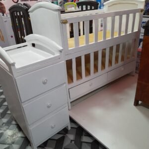 Quality Wooden Baby Cot with Chest of Drawers, mosquito net and Cot Bumpers