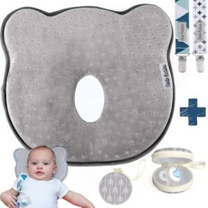 Baby Head Shaping Pillow | Memory Foam Cushion for Flat Head Syndrome Prevention | Prevent Plagiocephaly | Best Perfect for Baby Boy & Girl+ free pacifier clips