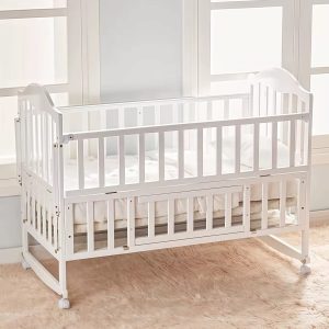 Rocking Wooden Cosleeper Baby Cot set with wheels,height adjustment,stand mosquito net and thick padded Matress( 60 cm by 120 cm)