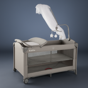 Kidilo strong baby playpen, foldable baby bed with net, with overhead toys and changing station
