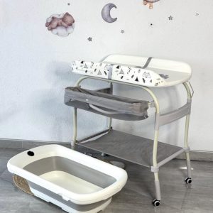 2-in-1 Baby Bathtub & Changing Table, Adjustable Height Folding Diaper Station Waterproof Pad with Storage Rack & Wheels, Baby Bath Tub with Thermometer