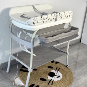 2-in-1 Baby Bath station & Changing Table, Adjustable Height Folding Diaper Station Waterproof Pad with Storage Rack & Wheels, Baby Bath Tub with Thermometer