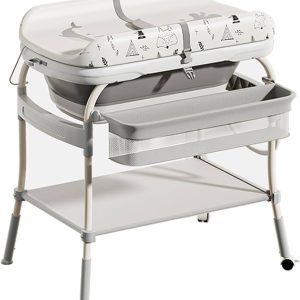 2-in-1 Baby Bathtub & Changing Table, Adjustable Height Folding Diaper Station Waterproof Pad with Storage Rack & Wheels, Baby Bath Tub with Thermometer