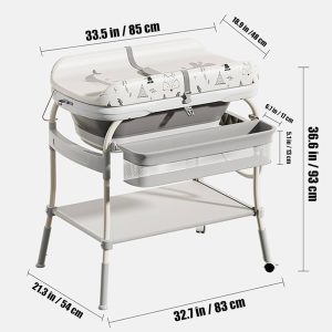 2-in-1 Baby Bathtub & Changing Table, Adjustable Height Folding Diaper Station Waterproof Pad with Storage Rack & Wheels, Baby Bath Tub with Thermometer