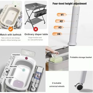 2-in-1 Baby Bathtub & Changing Table, Adjustable Height Folding Diaper Station Waterproof Pad with Storage Rack & Wheels, Baby Bath Tub with Thermometer