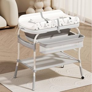 2-in-1 Baby Bathtub & Changing Table, Adjustable Height Folding Diaper Station Waterproof Pad with Storage Rack & Wheels, Baby Bath Tub with Thermometer