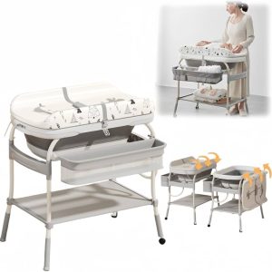 2-in-1 Baby Bathtub & Changing Table, Adjustable Height Folding Diaper Station Waterproof Pad with Storage Rack & Wheels, Baby Bath Tub with Thermometer