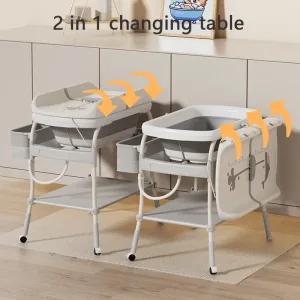 2-in-1 Baby Bathtub & Changing Table, Adjustable Height Folding Diaper Station Waterproof Pad with Storage Rack & Wheels, Baby Bath Tub with Thermometer