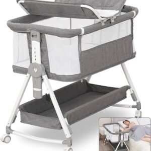 4 in 1 Baby Bassinet Bedside Sleeper, Bedside Crib with Diaper Changer,Mattress,Storage Basket and Wheels for Newborn,Co Sleeper Bassinet for Baby,Easy Folding Portable Bassinet