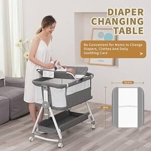 4 in 1 Baby Bassinet Bedside Sleeper, Bedside Crib with Diaper Changer,Mattress,Storage Basket and Wheels for Newborn,Co Sleeper Bassinet for Baby,Easy Folding Portable Bassinet