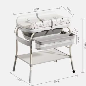 Baby bath and changing station with foldable basin , height adjustable with temperature sensor