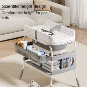 Baby bath and changing station with foldable basin , height adjustable with temperature sensor