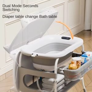 Baby bath and changing station with foldable basin , height adjustable with temperature sensor
