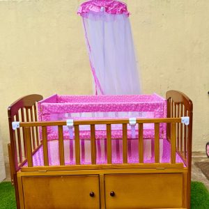 Baby Wooden Cosleeper Bed with cradle set Crib With Mattress, diaper changing area And Mosquito Net, separate bassinet & 4 Lockable Wheels
