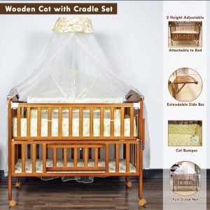 Baby Wooden Cosleeper Bed with cradle set Crib With Mattress, diaper changing area And Mosquito Net, separate bassinet & 4 Lockable Wheels