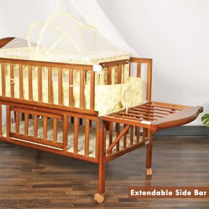 Baby Wooden Cosleeper Bed with cradle set Crib With Mattress, diaper changing area And Mosquito Net, separate bassinet & 4 Lockable Wheels
