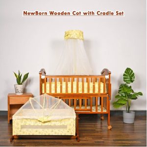 Baby Wooden Cosleeper Bed with cradle set Crib With Mattress, diaper changing area And Mosquito Net, separate bassinet & 4 Lockable Wheels