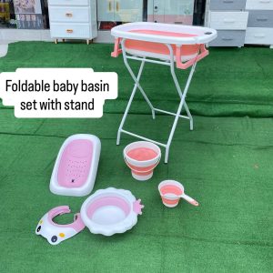 Baby bath stand with a foldable baby basin+ bath support cushion