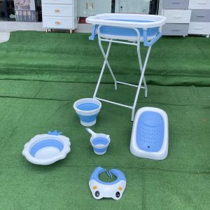 Baby bath stand with a foldable baby basin+ bath support cushion