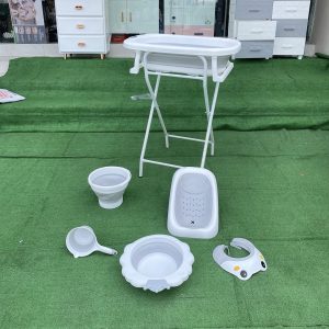 Baby bath stand with a foldable baby basin+ bath support cushion