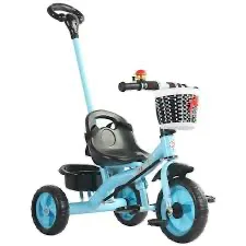 Baby tricycle with push handle and storage basket