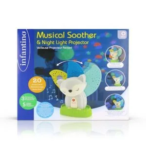 Infantino - 2-in-1 Musical Soother & Night Light Projector - Night Light Kids - Animated Colorful Projections - Soothing Animal Night Light for Baby - 5 Lullabies and 3 Nature Sounds - from 0 Months